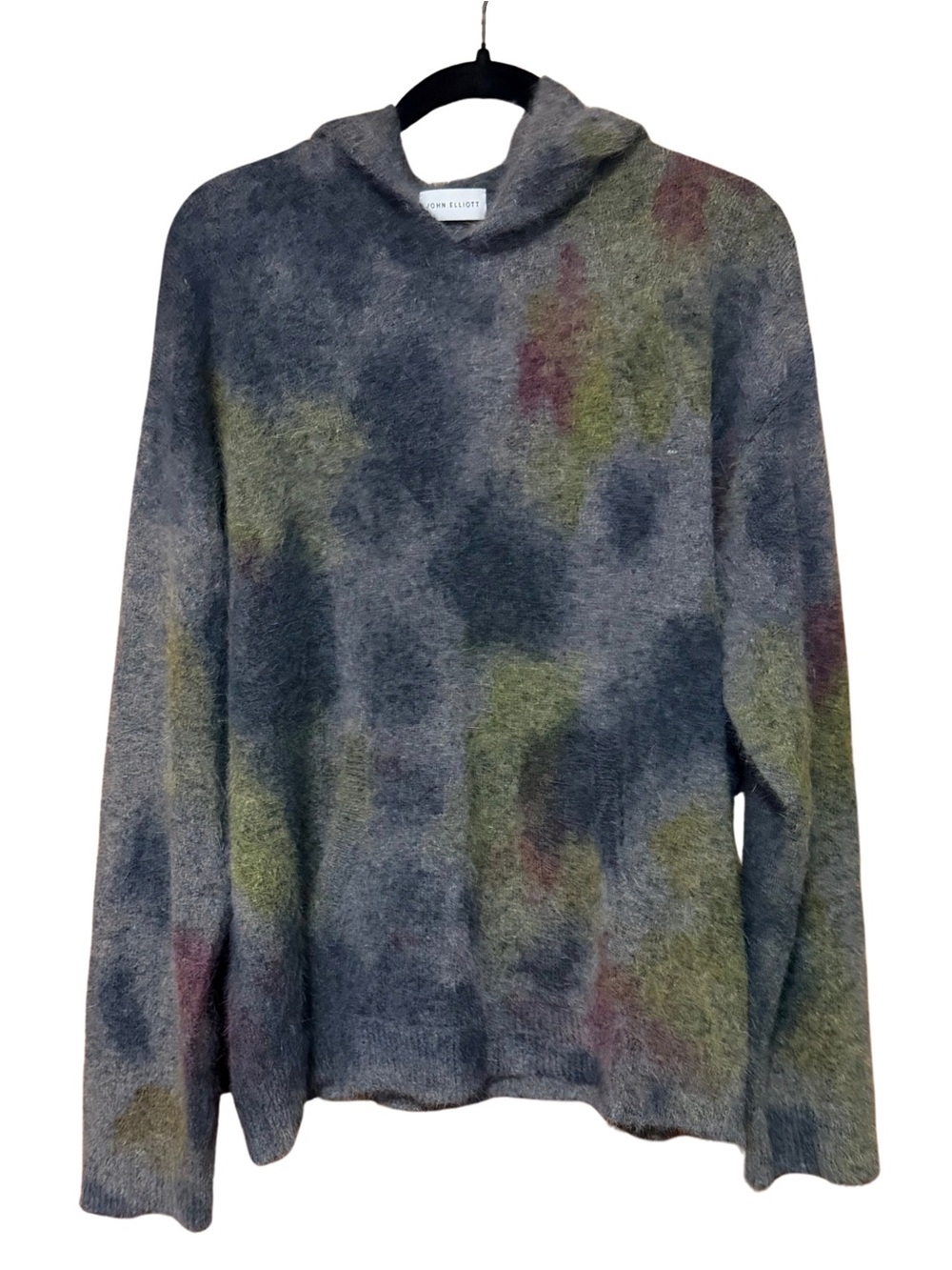 John Elliott Angora Blue-Green Patterned Wool Hoodie Sweater